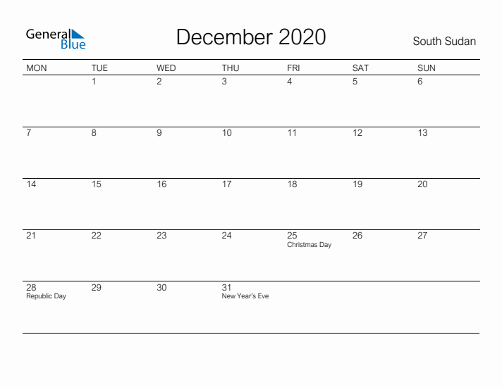 Printable December 2020 Calendar for South Sudan