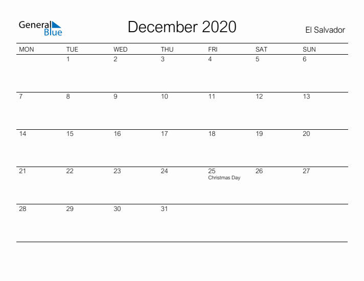 Printable December 2020 Calendar for El Salvador