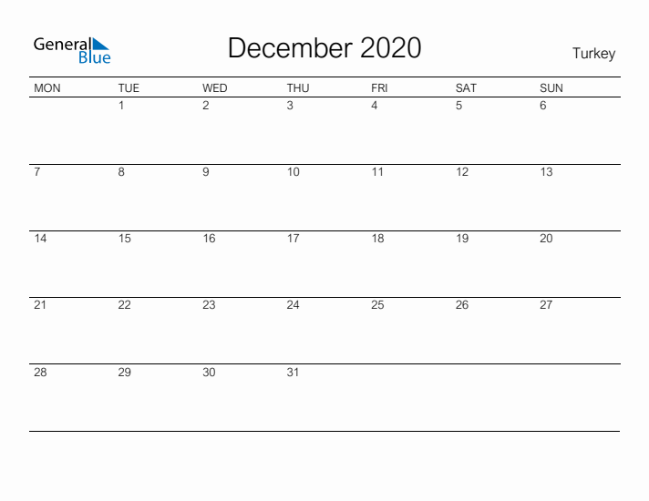 Printable December 2020 Calendar for Turkey
