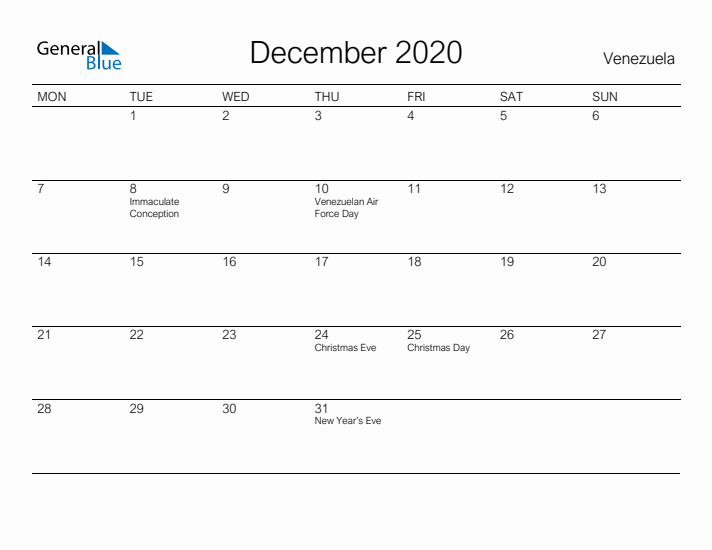 Printable December 2020 Calendar for Venezuela