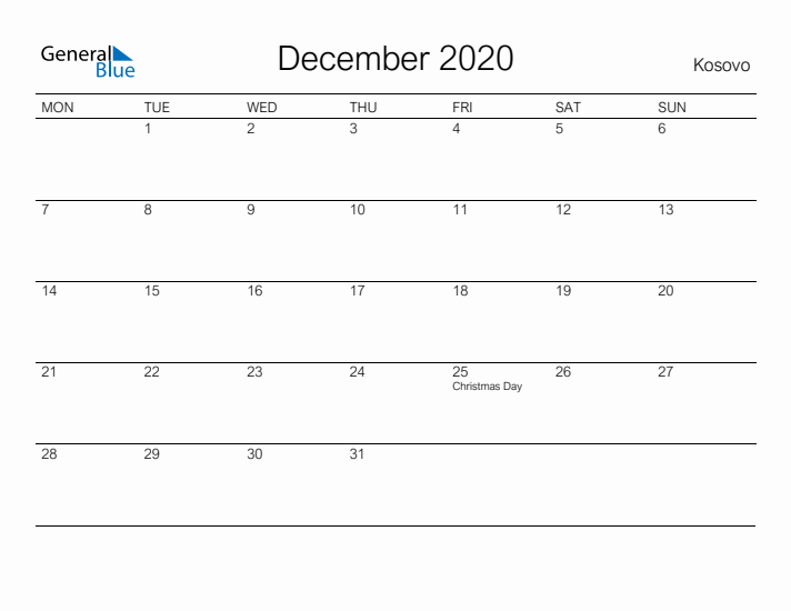 Printable December 2020 Calendar for Kosovo