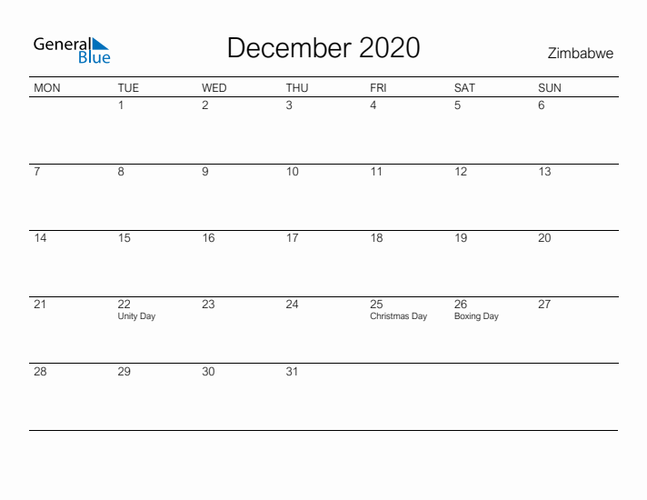 Printable December 2020 Calendar for Zimbabwe