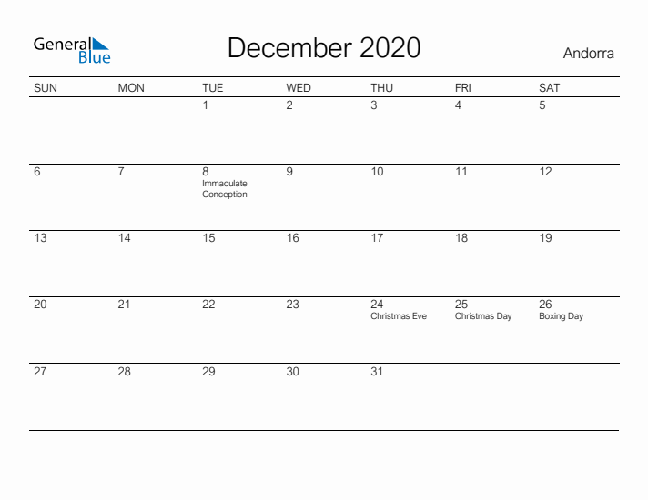 Printable December 2020 Calendar for Andorra