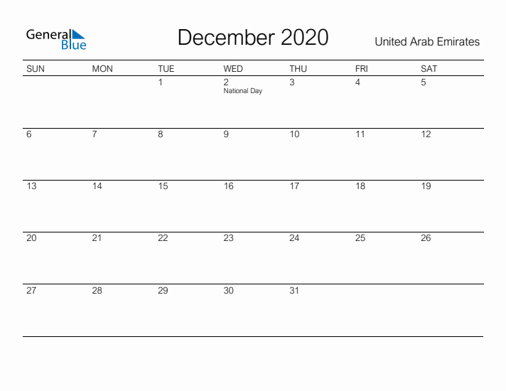 Printable December 2020 Calendar for United Arab Emirates