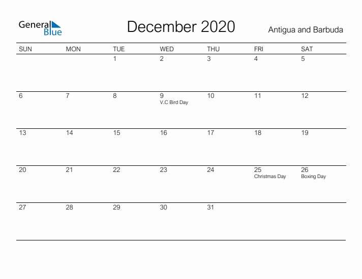 Printable December 2020 Calendar for Antigua and Barbuda