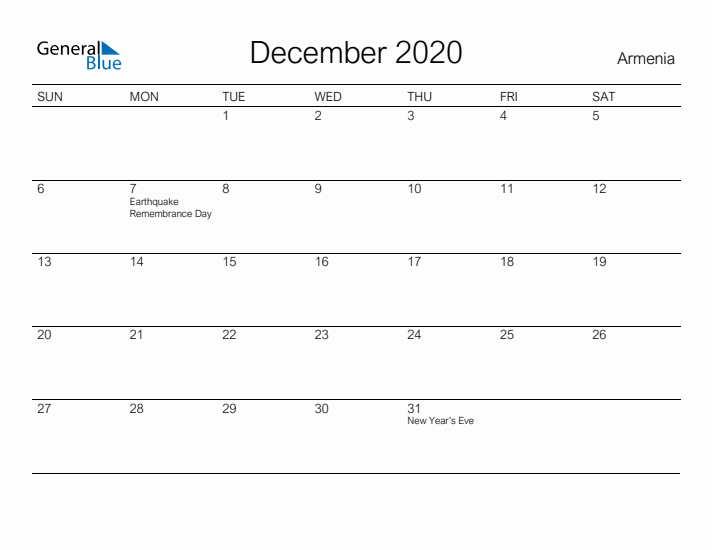 Printable December 2020 Calendar for Armenia