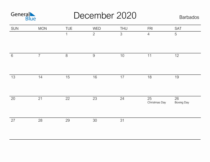 Printable December 2020 Calendar for Barbados