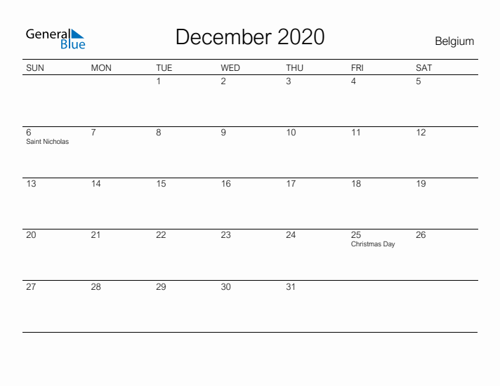 Printable December 2020 Calendar for Belgium