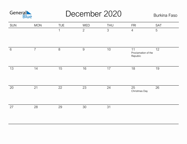 Printable December 2020 Calendar for Burkina Faso