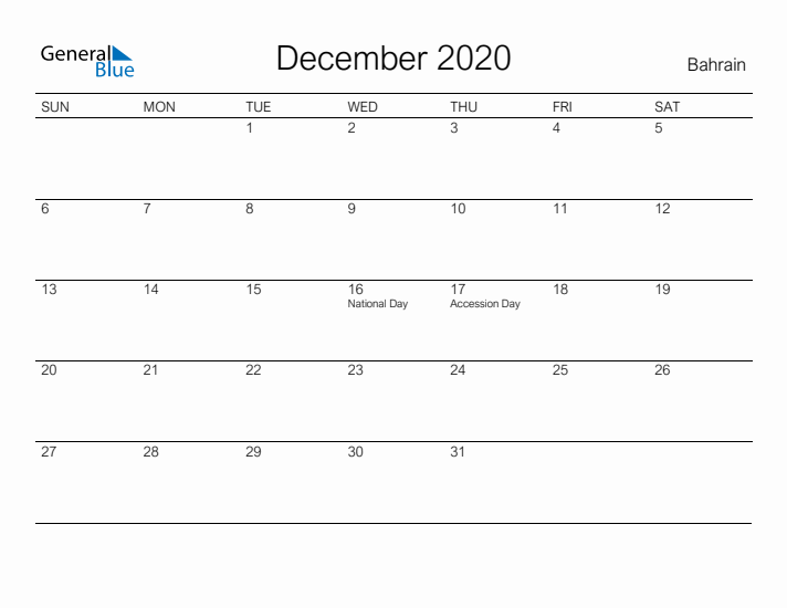 Printable December 2020 Calendar for Bahrain