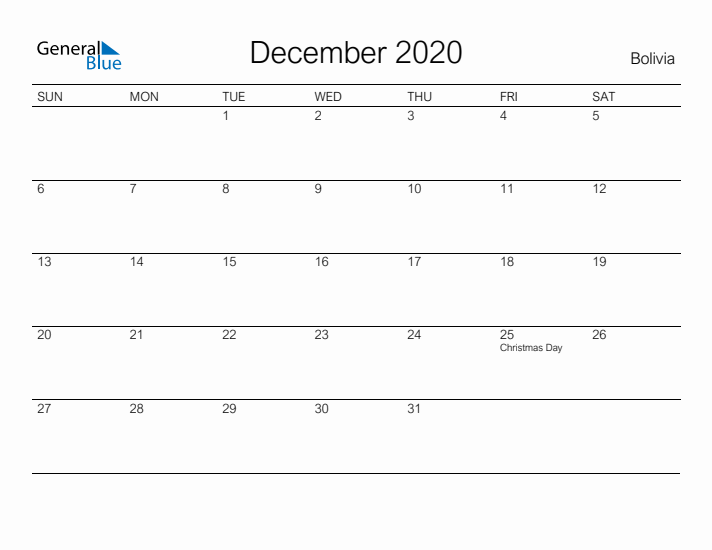 Printable December 2020 Calendar for Bolivia