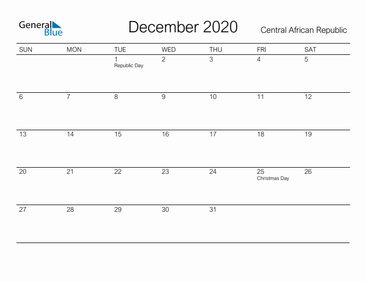 Printable December 2020 Calendar for Central African Republic