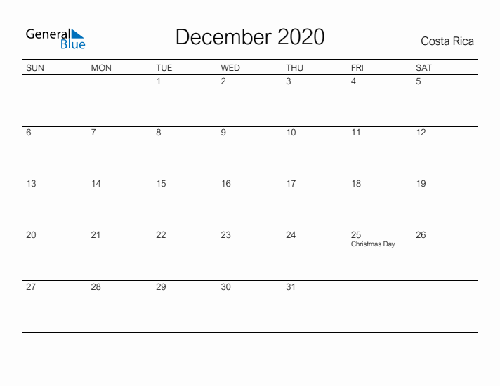 Printable December 2020 Calendar for Costa Rica