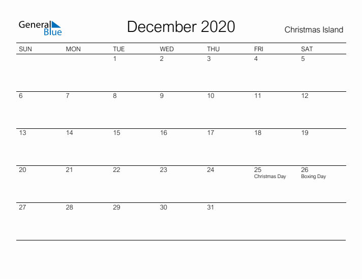 Printable December 2020 Calendar for Christmas Island