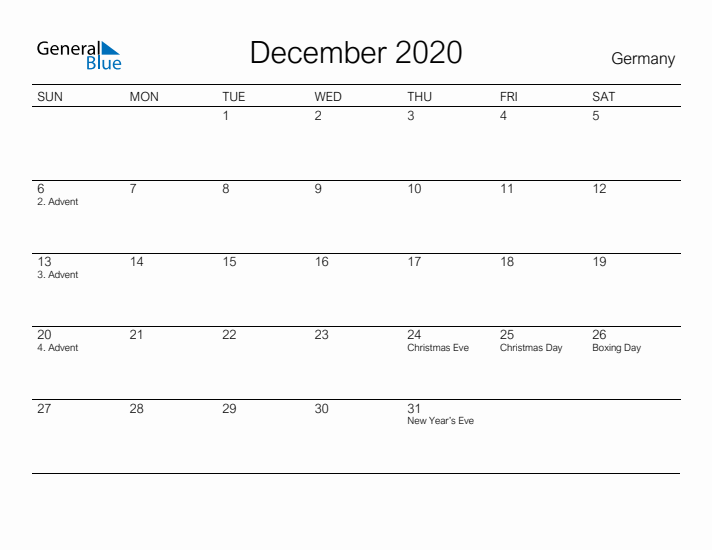 Printable December 2020 Calendar for Germany