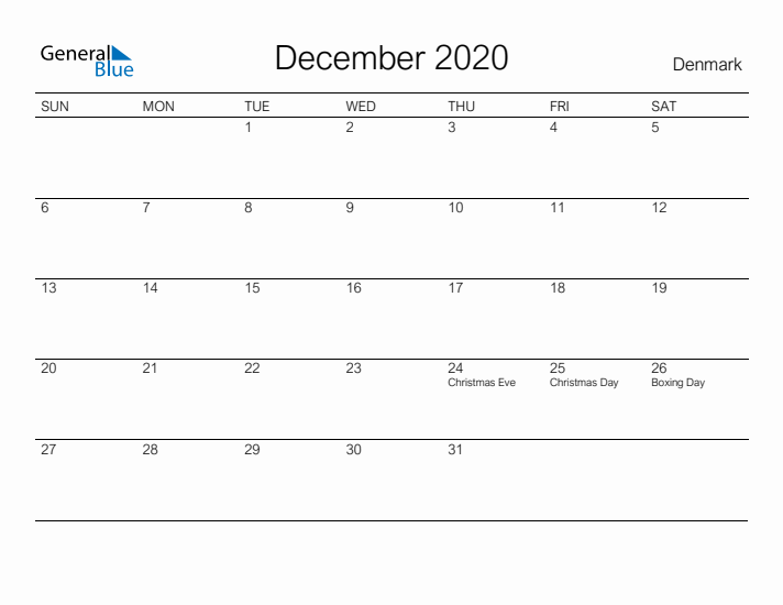 Printable December 2020 Calendar for Denmark