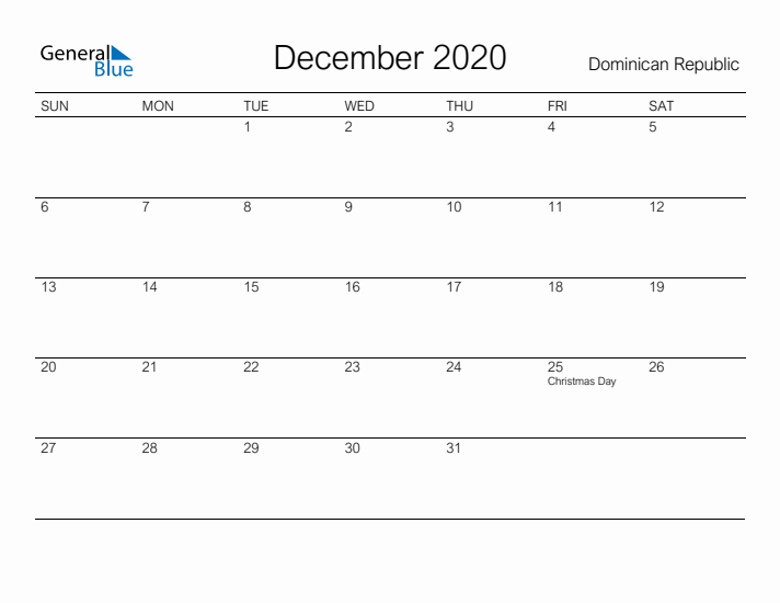 Printable December 2020 Calendar for Dominican Republic
