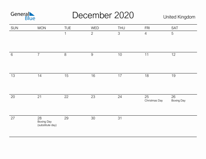 Printable December 2020 Calendar for United Kingdom