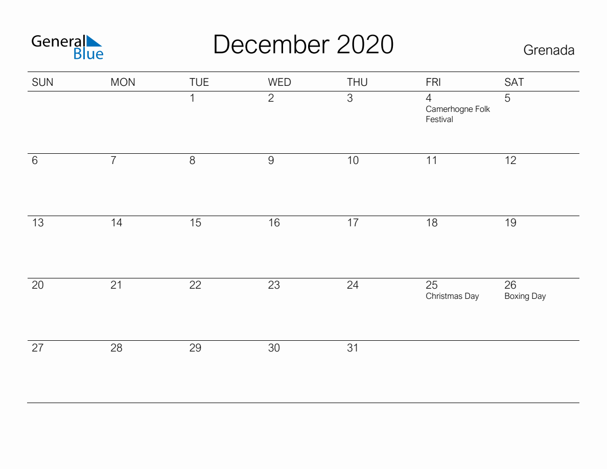 Printable December 2020 Monthly Calendar With Holidays For Grenada