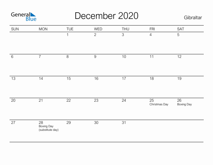 Printable December 2020 Calendar for Gibraltar
