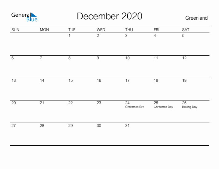 Printable December 2020 Calendar for Greenland