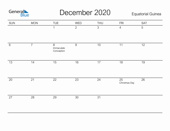 Printable December 2020 Calendar for Equatorial Guinea