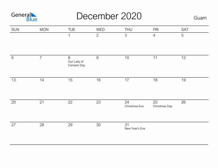 Printable December 2020 Calendar for Guam