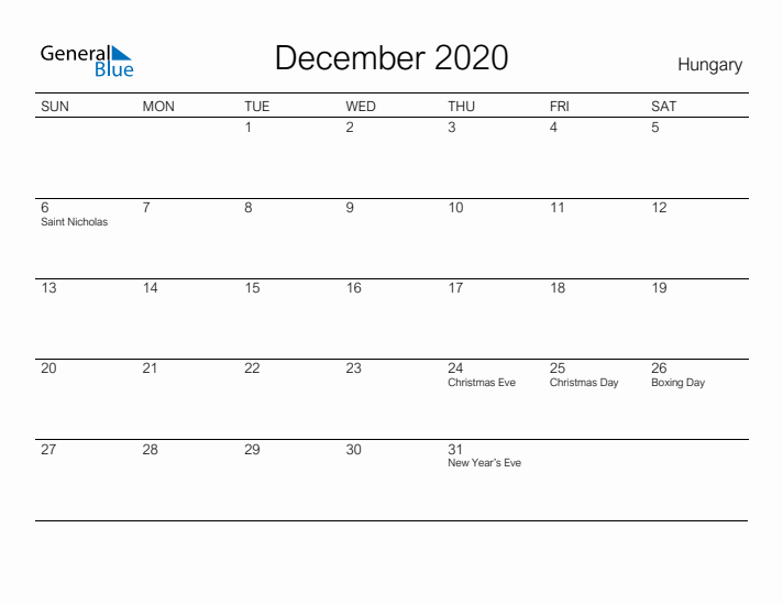 Printable December 2020 Calendar for Hungary