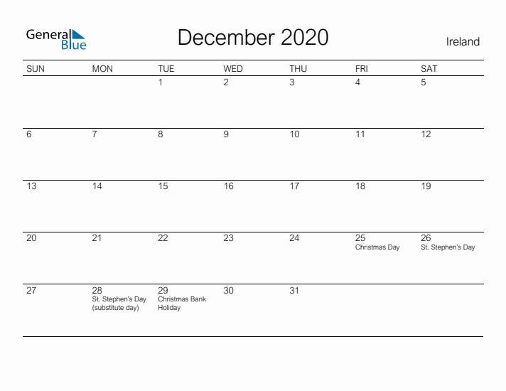 Printable December 2020 Calendar for Ireland