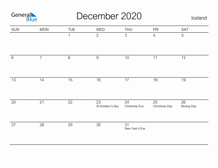 Printable December 2020 Calendar for Iceland