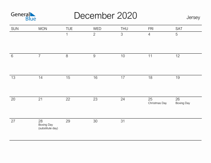 Printable December 2020 Calendar for Jersey