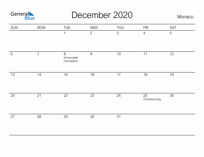 Printable December 2020 Calendar for Monaco