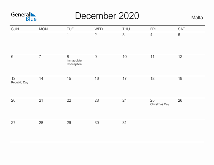Printable December 2020 Calendar for Malta