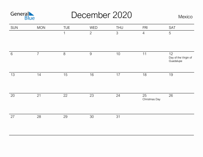 Printable December 2020 Calendar for Mexico