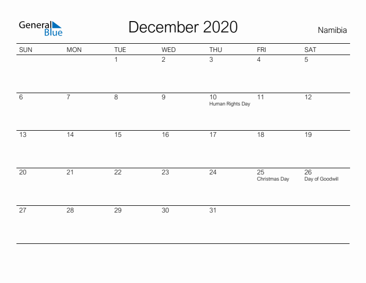 Printable December 2020 Calendar for Namibia
