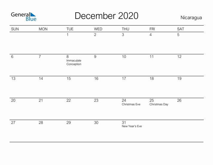 Printable December 2020 Calendar for Nicaragua