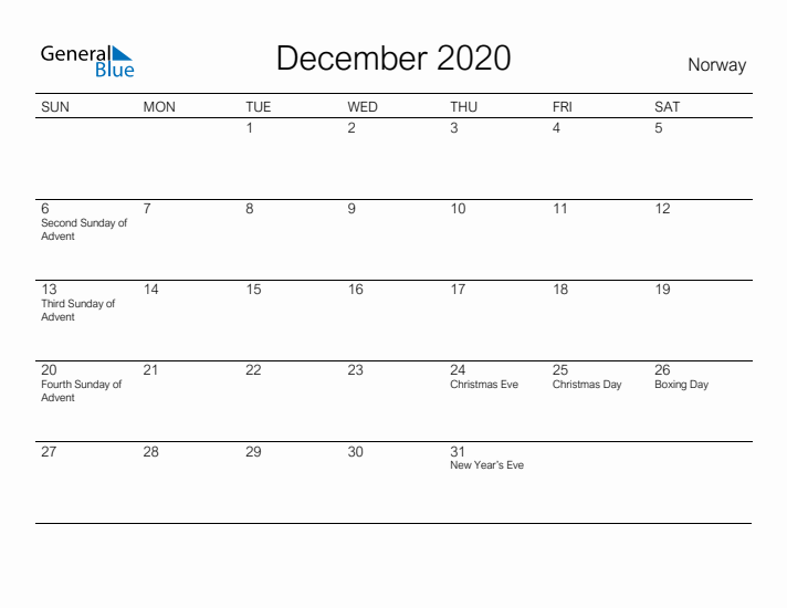 Printable December 2020 Calendar for Norway