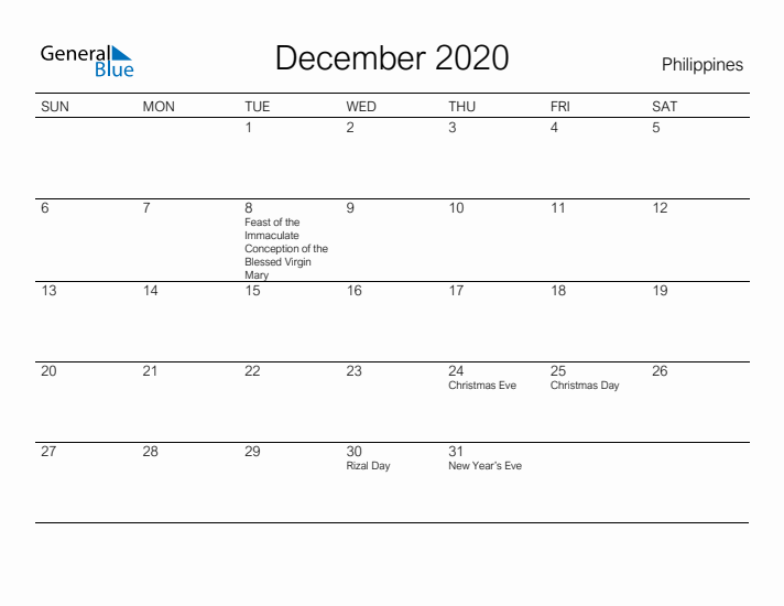 Printable December 2020 Calendar for Philippines