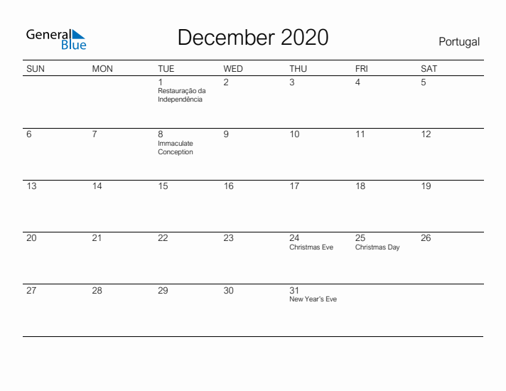 Printable December 2020 Calendar for Portugal
