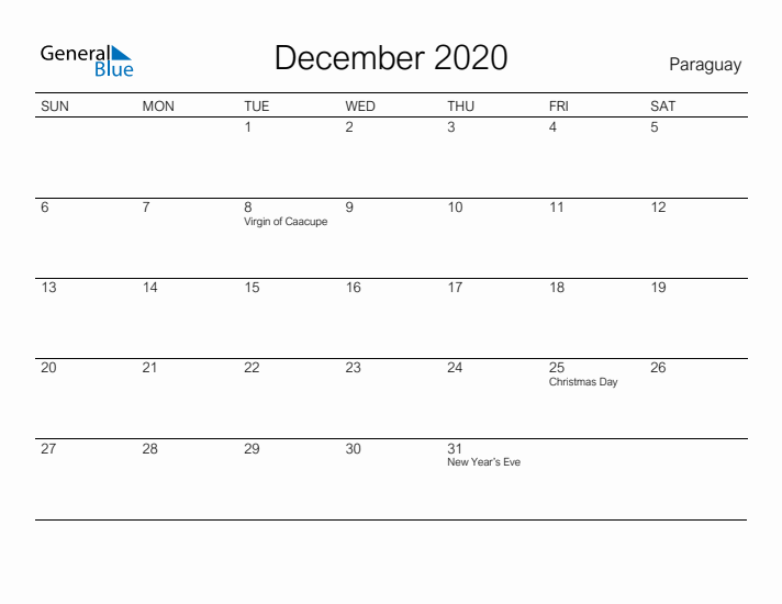 Printable December 2020 Calendar for Paraguay