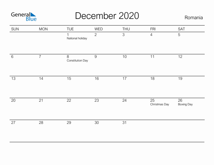 Printable December 2020 Calendar for Romania