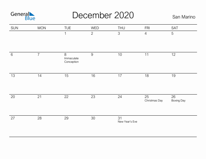 Printable December 2020 Calendar for San Marino