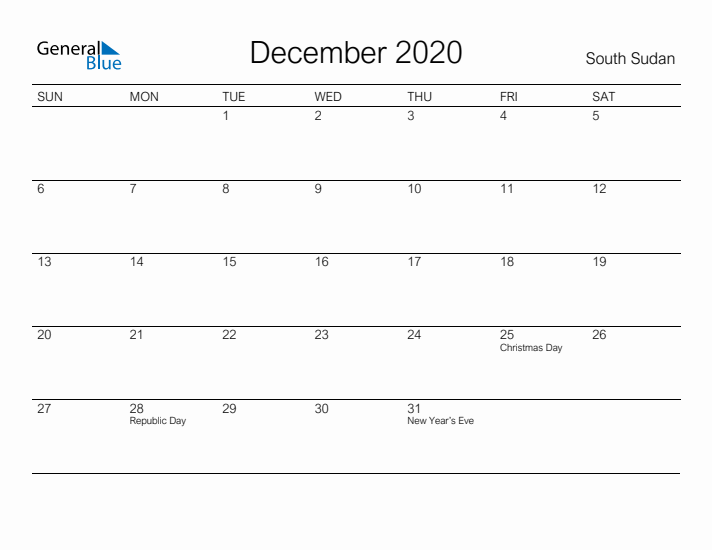 Printable December 2020 Calendar for South Sudan