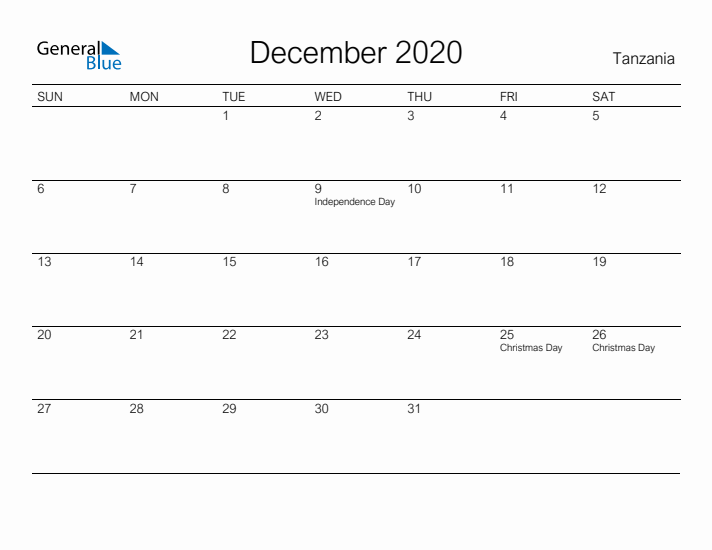 Printable December 2020 Calendar for Tanzania