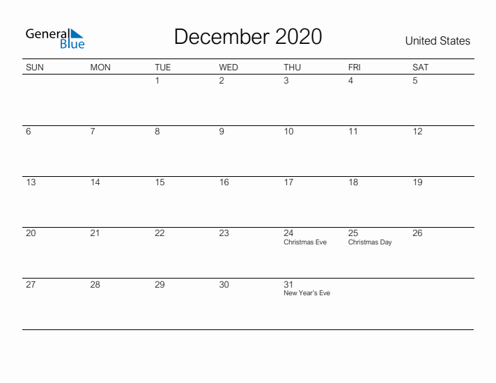 Printable December 2020 Calendar for United States