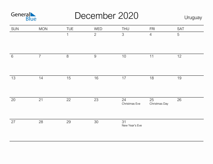 Printable December 2020 Calendar for Uruguay