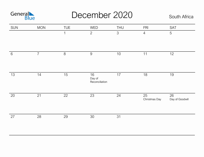 Printable December 2020 Calendar for South Africa