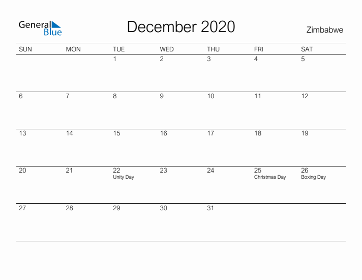 Printable December 2020 Calendar for Zimbabwe