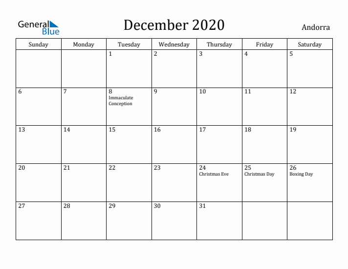 December 2020 Calendar Andorra