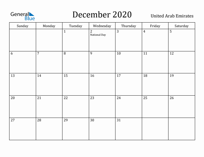 December 2020 Calendar United Arab Emirates